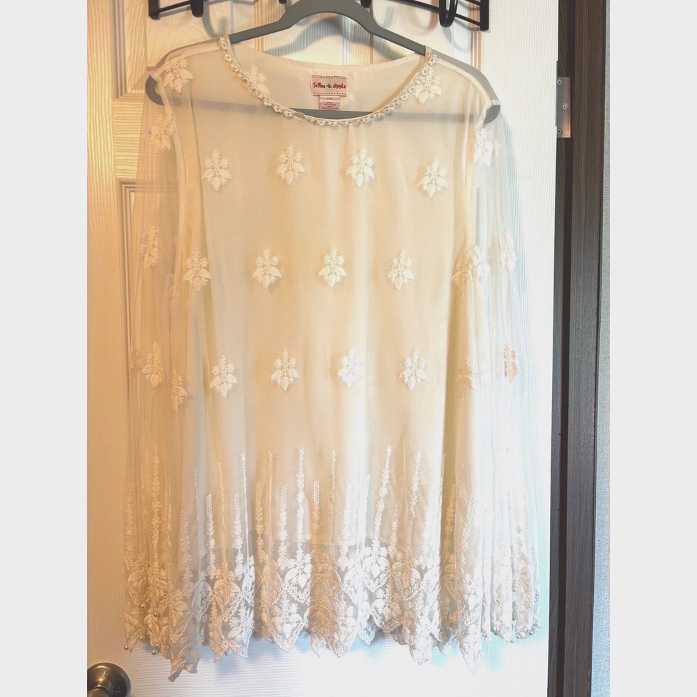 Toffee Apple Cream Embroidered Mesh Lace Pearl Blouse‎ XXL Cottagecore Romantic